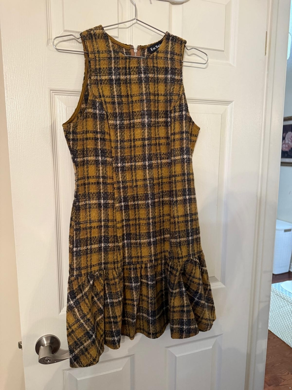 En Saison' Mustard and Black Plaid Sleeveless Drop-Waist Dress